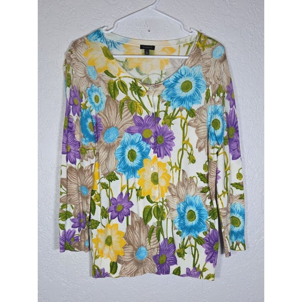 Talbots White Floral Botanical Print Button Up Cardigan Sweater L Knit